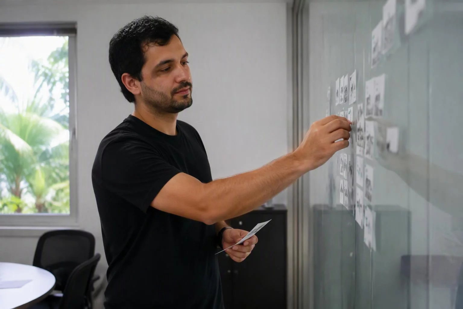 Pessoa organizando cartões de componentes numa parede de vidro
