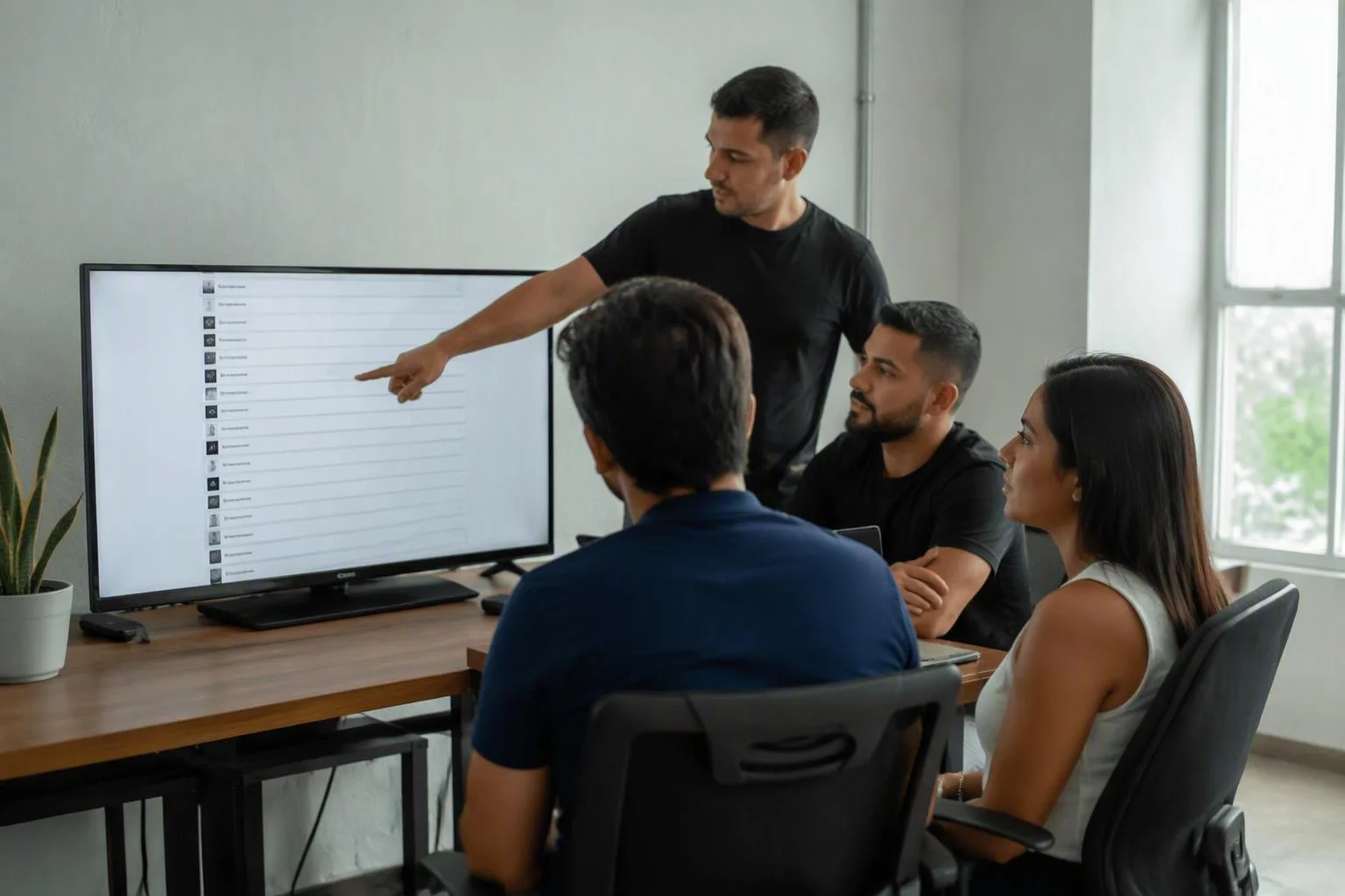 Equipe reunida em volta de uma tela com a lista de componentes